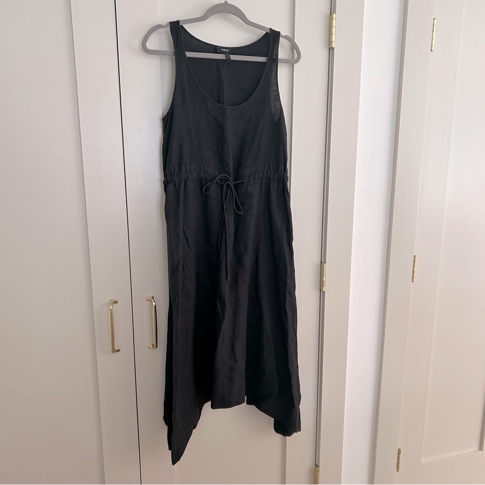 Theory 100% Linen Tank Tie Waist Black Handkerchief Dress Size P